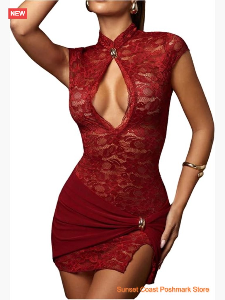 Cut Out Lace Bodycon Mini Dress Cap Sleeve Ruched Split Party